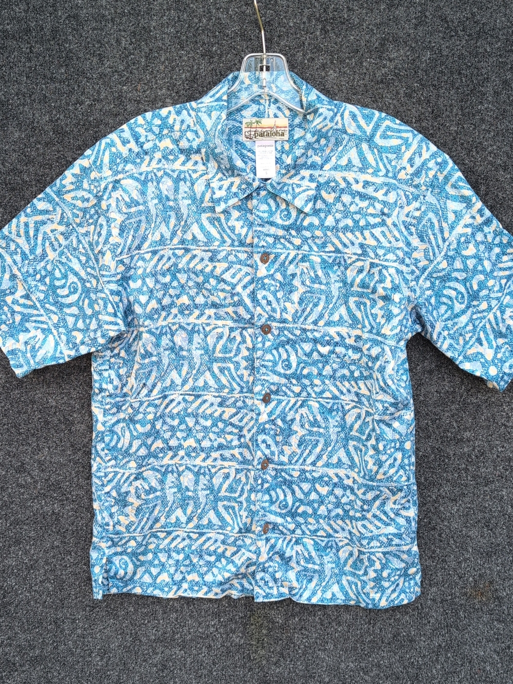Patagonia Pataloha Shirt Small Blue Fish Aloha Loop Collar Camp Organic Cotton